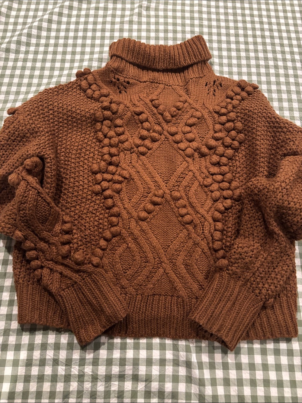 Chunky Cable Bobble Turtleneck Sweater — Rust Brown